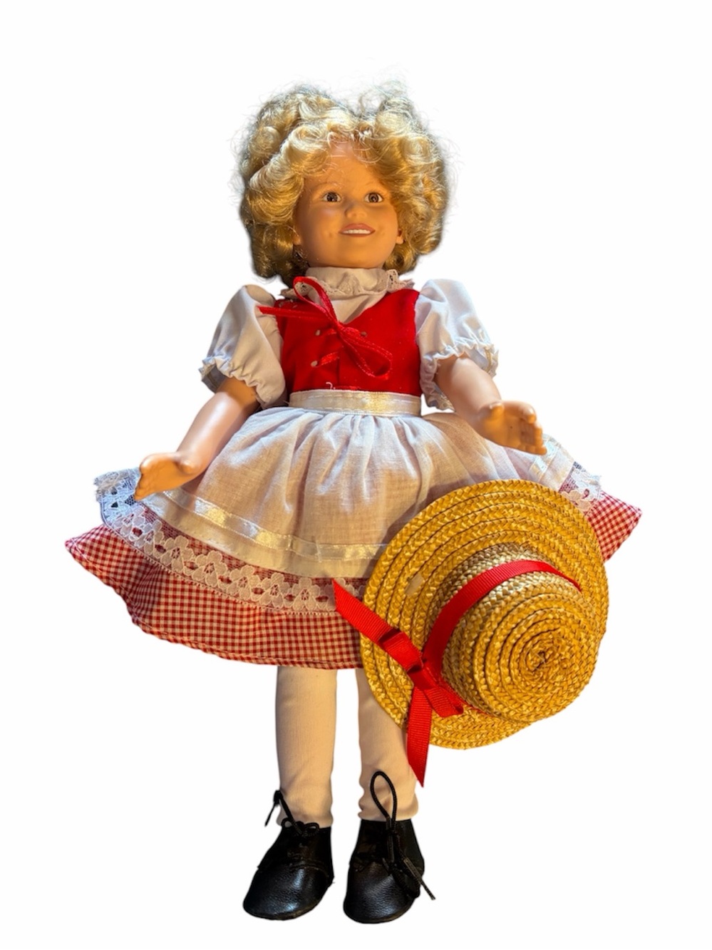 Blonde Doll in Red & White Country Dress with Straw Hat